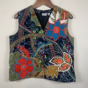 VTG Chico's Embroidered Floral Vest Size 2(Large) Art to Wear Boho Colorful